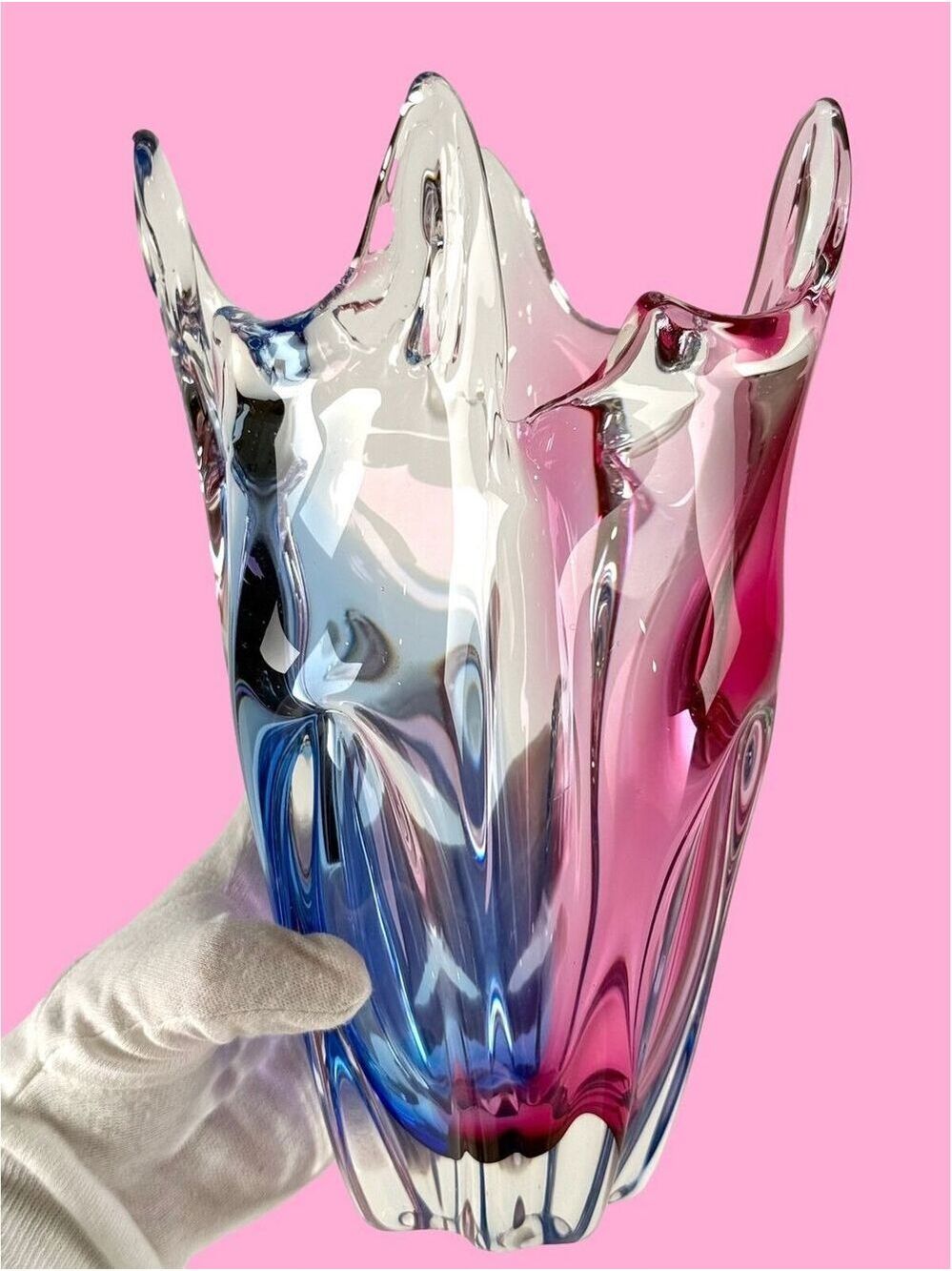 Josef Hospodka Chribska Czech Bohemia Art Glass Sommerso Vase 10in Pink Blue MCM